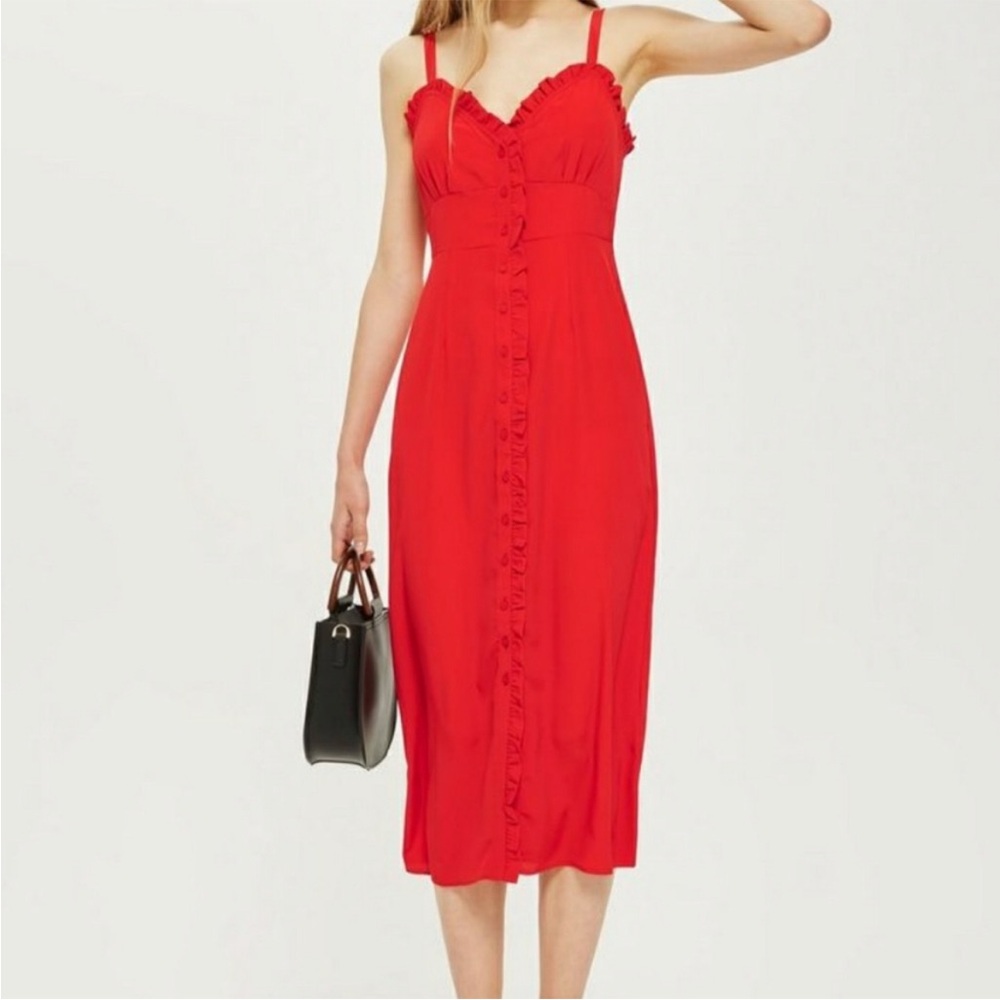Topshop Red Sheath Midi Dress with Ruffle Detail